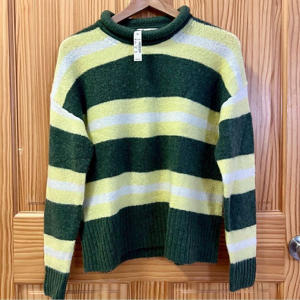 NWT Madewell green yellow white striped roll neck wool blend sweater size small